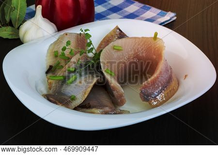 Herring Fillet With Herbs And Spyces In The Bowl