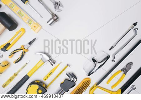 Top View Construction Tools Diy On White Background.concept For Repair Or Build In Workshop.