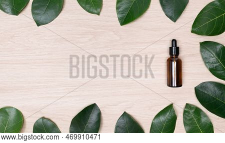 Top View Glass Bottle Dropper Oil Serum With Copy Space Flat Lay Green Leaves On Wood Background.con