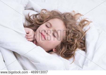 Morning Sleeping. Child Sleeping On Bed. Bedtime, Kids Sleeps. Kid Asleep On Pillow, Having Healthy 