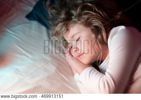 Kid Enjoying Sweet Dreams. Kid Sleeping On Bed At Home. Bedtime, Kids Sleeps. Child Asleep On Pillow