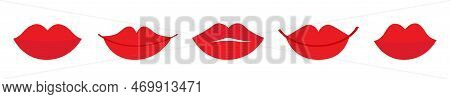 Female Lips Icon. Red Lipstick Makeup. Sexy Lip Set Line. Woman Girl Mouth Set. White Teeth Tooth. S