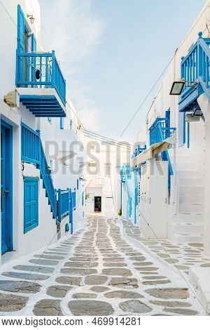 Empty Street Of Mykonos Greek Village In Greece, Colorful Streets Of Mikonos Village
