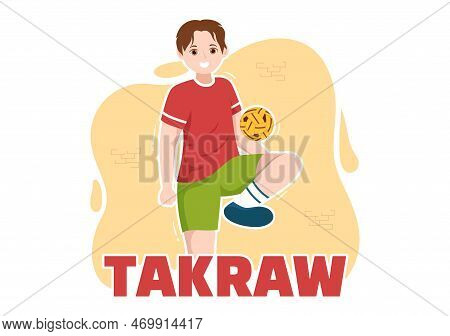 Sepak Takraw Illustration With Athlete Playing Kick Ball On Court In Flat Sports Game Competition Ca