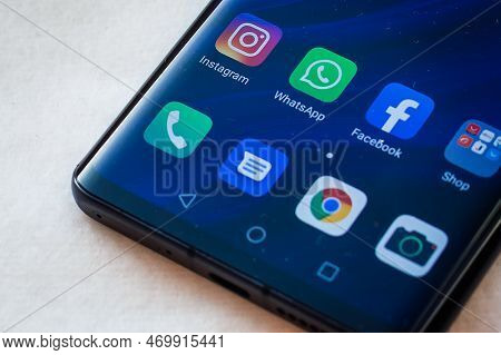 The Apps Of Social Media Networks Facebook, Whatsapp And Instagram Are Displayed On Smartphone Huawe