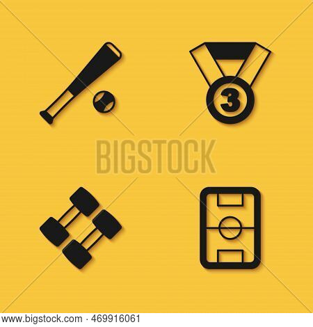 Set Baseball Bat With Ball, Football Field, Dumbbell And Medal Icon With Long Shadow. Vector