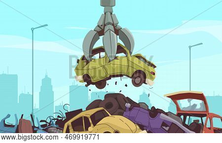 Car Dump Cartoon Concept With Crushed Auto Heap Vector Illustration