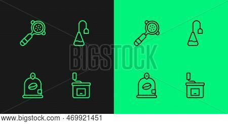 Set Line Manual Coffee Grinder, Bag Beans, Coffee Filter Holder And Tea Bag Icon. Vector