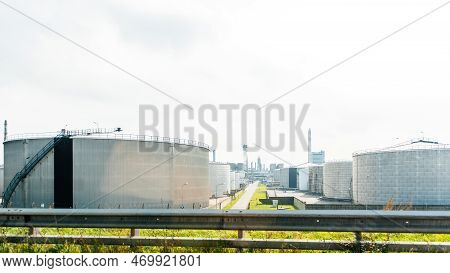 Vienna, Austria - Sep 30, 2014: Perspective View Over Multiple Large Storage Tanks Of Petrol, Oil An
