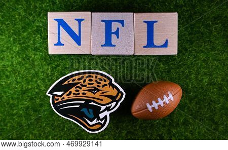 January 27, 2023, Canton, Usa. The Emblem Of The Jacksonville Jaguars Football Club On The Green Law