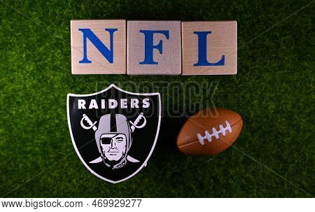 January 27, 2023, Canton, Usa. The Logo Of The Las Vegas Raiders Football Club On The Green Lawn Of 