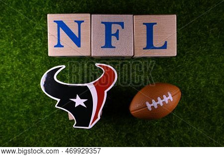 January 27, 2023, Canton, Usa. The Emblem Of The Houston Texans Football Club On The Green Lawn Of T