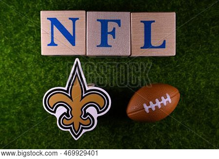 January 27, 2023, Canton, Usa. The Emblem Of The New Orleans Saints Football Club On The Green Lawn 