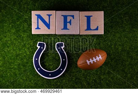 January 27, 2023, Canton, Usa. The Emblem Of The Indianapolis Colts Football Club On The Green Lawn 