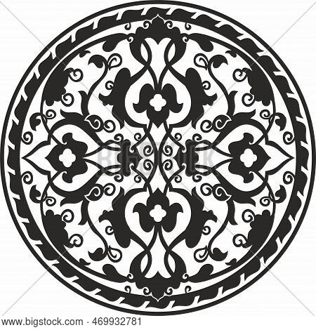 Vector Round Monochrome Arabic National Ornament. Endless Vegetablepattern Of Eastern Peoples Of Asi