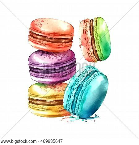 Watercolor Set Macaroons Decorated Isolated On White Background. Hand Drawn Illustration Of Popular 