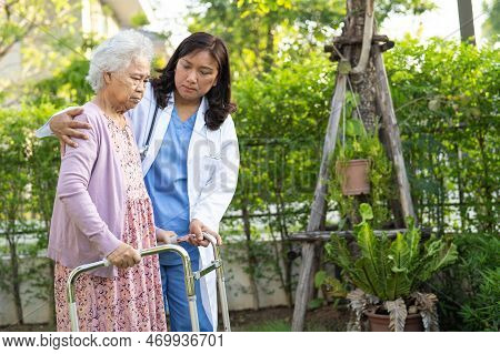 Doctor Help And Care Asian Senior Or Elderly Old Lady Woman Use Walker With Strong Health While Walk