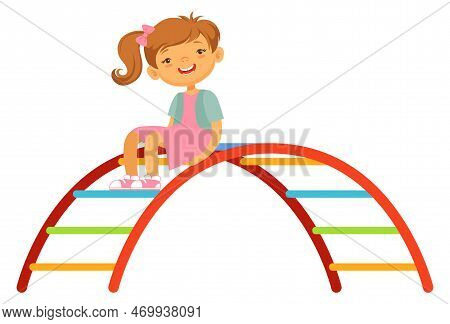 Happy Girl On Jungle Gym. Cartoon Kid Playground