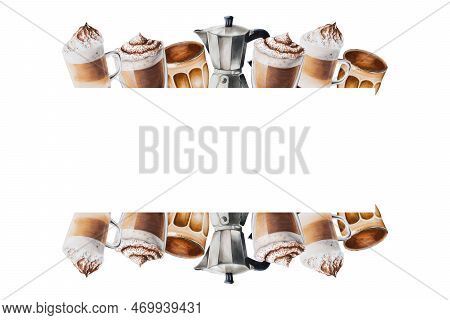 Watercolor Frame With Coffee Making Tools. Latte, Espresso, Americano, Cappuchino, Raff, Mocha. Hand