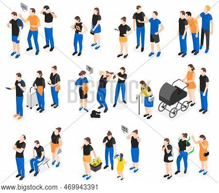 Queue Isometric Icon Set Different Types Of Queues And Different Relationships Between People Among 