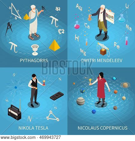 Famous Scientists Isometric Set With Four Square Compositions Of Pythagoras Mendeleev Tesla And Cope