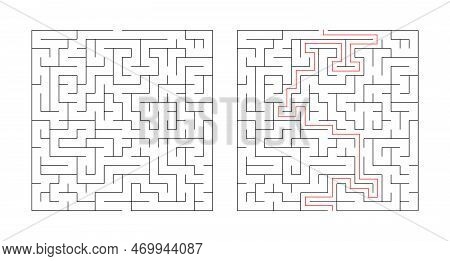 Square Maze With The Solution Isolated On White Background. Logic Game Labyrinth For Kids. Labyrinth