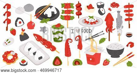 Vector Illustration Set Of Colored In One Style Cute Doodle Asian Food For Print ,design, Greeting C