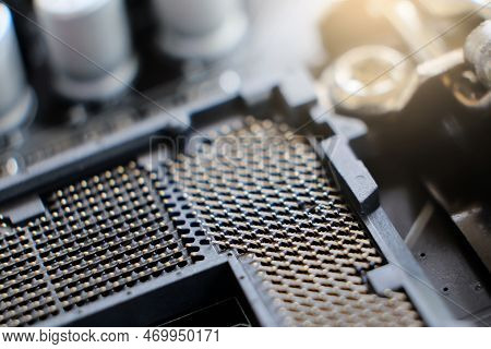 Close-up Of 1155 Computer Motherboard. Lga 1155 Socket For Processor Mount