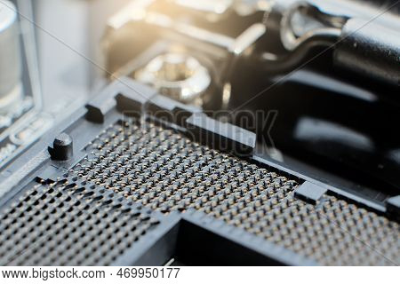 Close-up Of 1155 Computer Motherboard. Lga 1155 Socket For Processor Mount