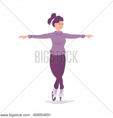 A Young Woman Is Skating On Ice. Winter Sport And Recreation. Flat Vector Illustration Isolated On W