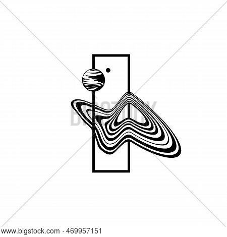 Hypnotic Optical Vector Illustration. Abstract Multidimensional Waves, Rectangle And A Planet.