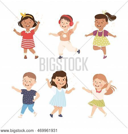 Energetic Children Dancing Moving To Music Rythm Vector Set