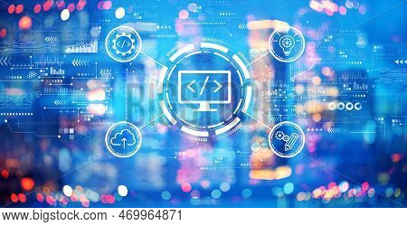Web Development Concept With Blurred City Lights At Night