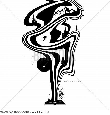 Hypnotic Optical Vector Illustration. Multidimensional Waves Flowing Out Of A Book, With Mountains, 