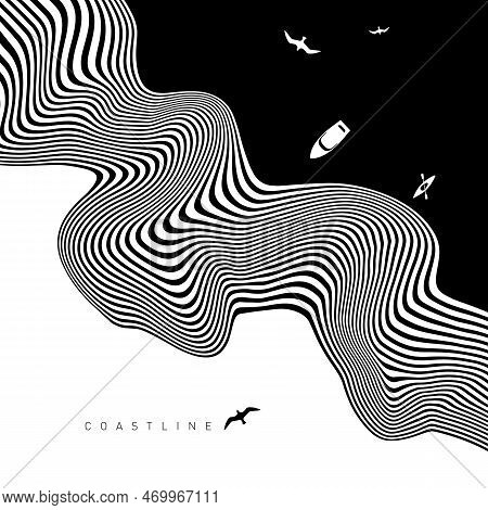 Hypnotic Optical Vector Illustration. Multidimensional Sea Waves With A Yacht, Seagulls, And 