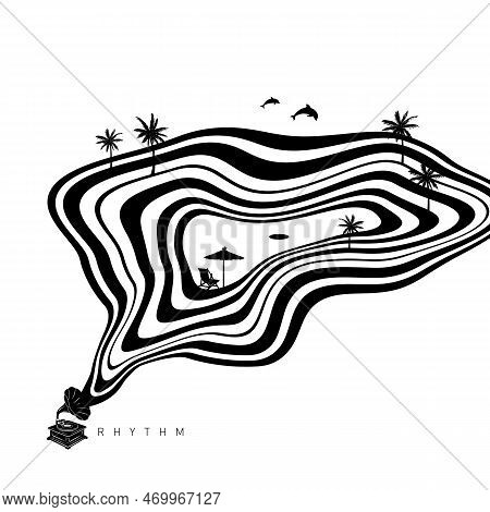 Hypnotic Optical Vector Illustration. Multidimensional Waves Flowing Out Of A Gramophone, With Palm 