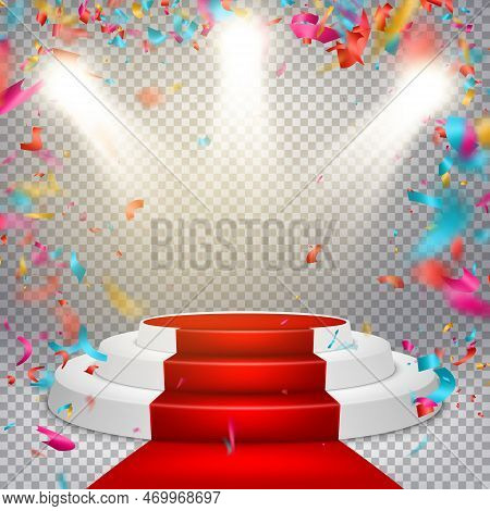 Illuminated Light Festive Stage Podium Scene. Red Circle Podium On Studio Background With Falling Co