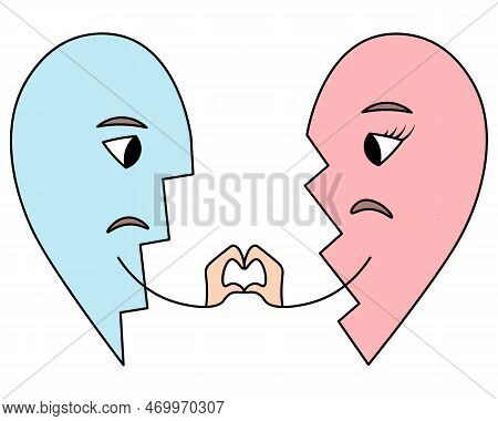 Two Halves Of A Broken Heart. Male And Female. The Hands Are Folded In The Shape Of A Heart. Color V