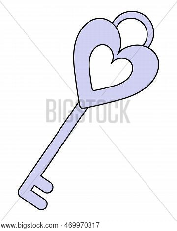 Key In The Shape Of A Heart. Love Padlock Opener. Color Vector Illustration. Cartoon Style. Isolated