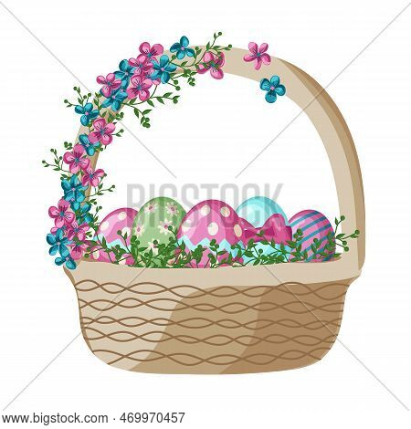Cartoon Easter Baskets With Painted Eggs And Spring Flowers. Wicker Basket Full Of Chocolate Egg, Sp