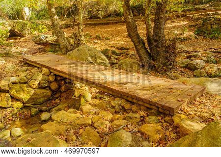 View Of Rocks, Trees, Water Stream, Fall Foliage, Footbridge, And Trail Marks, In The Amud Stream Na