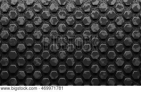 Abstract Modern Hexagon Background In Dark Grey With Scratches, 3d Rendering