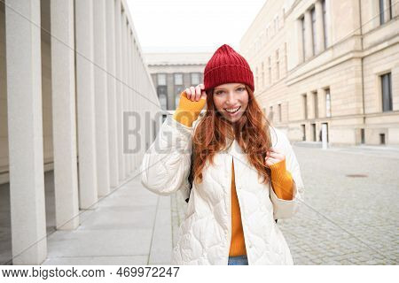 Happy Redhead Girl, Tourist Going Around Town, Exploring Sighsteeing Places In City, Backpacking Aro