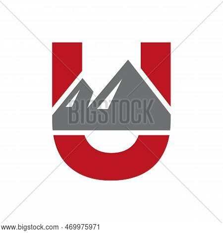 Letter U Mount Logo Vector Sign. Mountain Nature Landscape Logo Combine With Hill Icon And Template