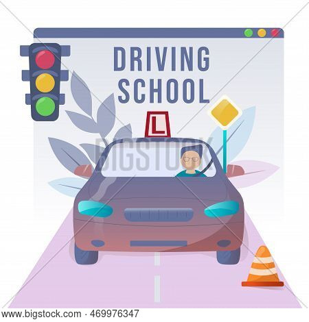 Driving Lesson. People Studying In Driving School And Passing Exams. Traffic Rules. Road Signs. Educ