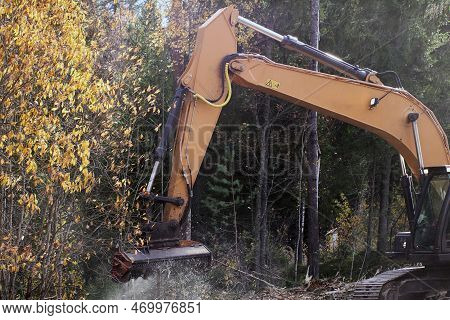 Mulcher On An Excavator Clears Roadside From Small Trees And Shrubs.