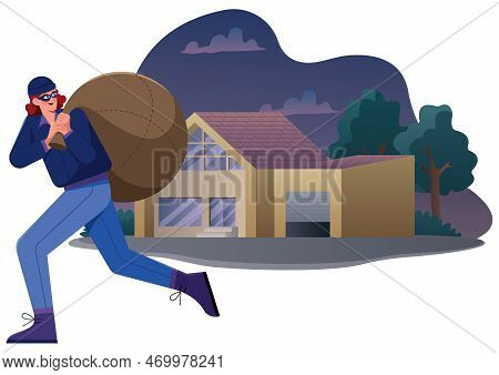 Masked Burglar Running Away With The Loot After Robbing A House.
