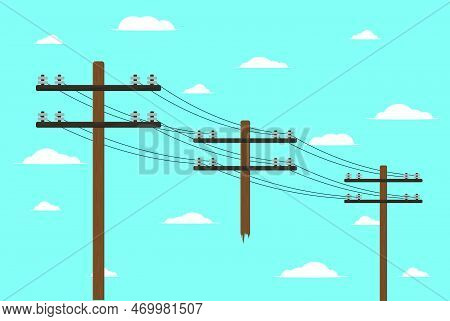 A Wooden Pole With High Voltage Wires On Sky Background Vector Illustration Of Electrician