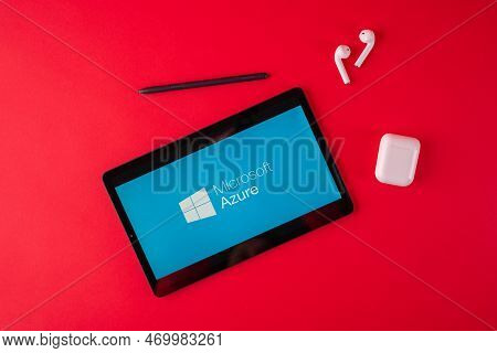 Tula, Russia - August 19, 2021: Microsoft Azure Displayed On A Sumsung Modern Laptop On Red Backgrou