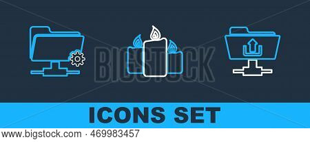 Set Line Ftp Folder Upload, Settings And Burning Candles Icon. Vector